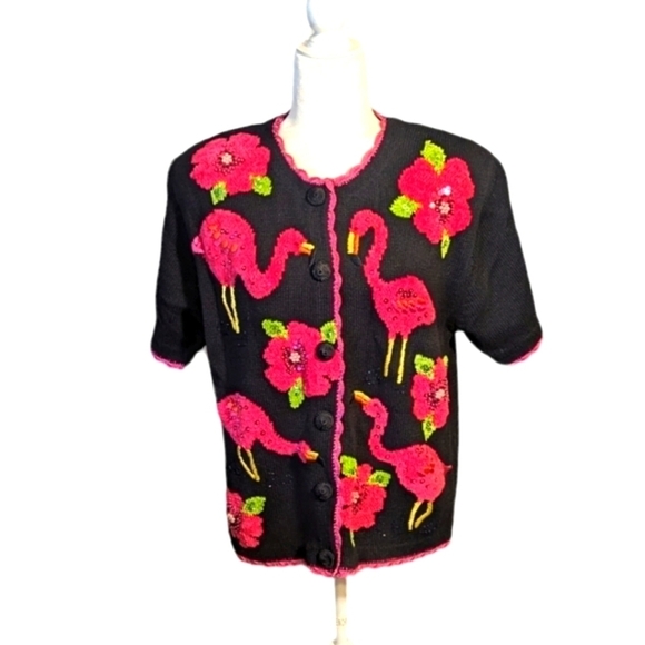 Vtg. Pink flamingos Cardigan flowers beaded/sequined Black knit short sleeve  XL - Picture 11 of 12
